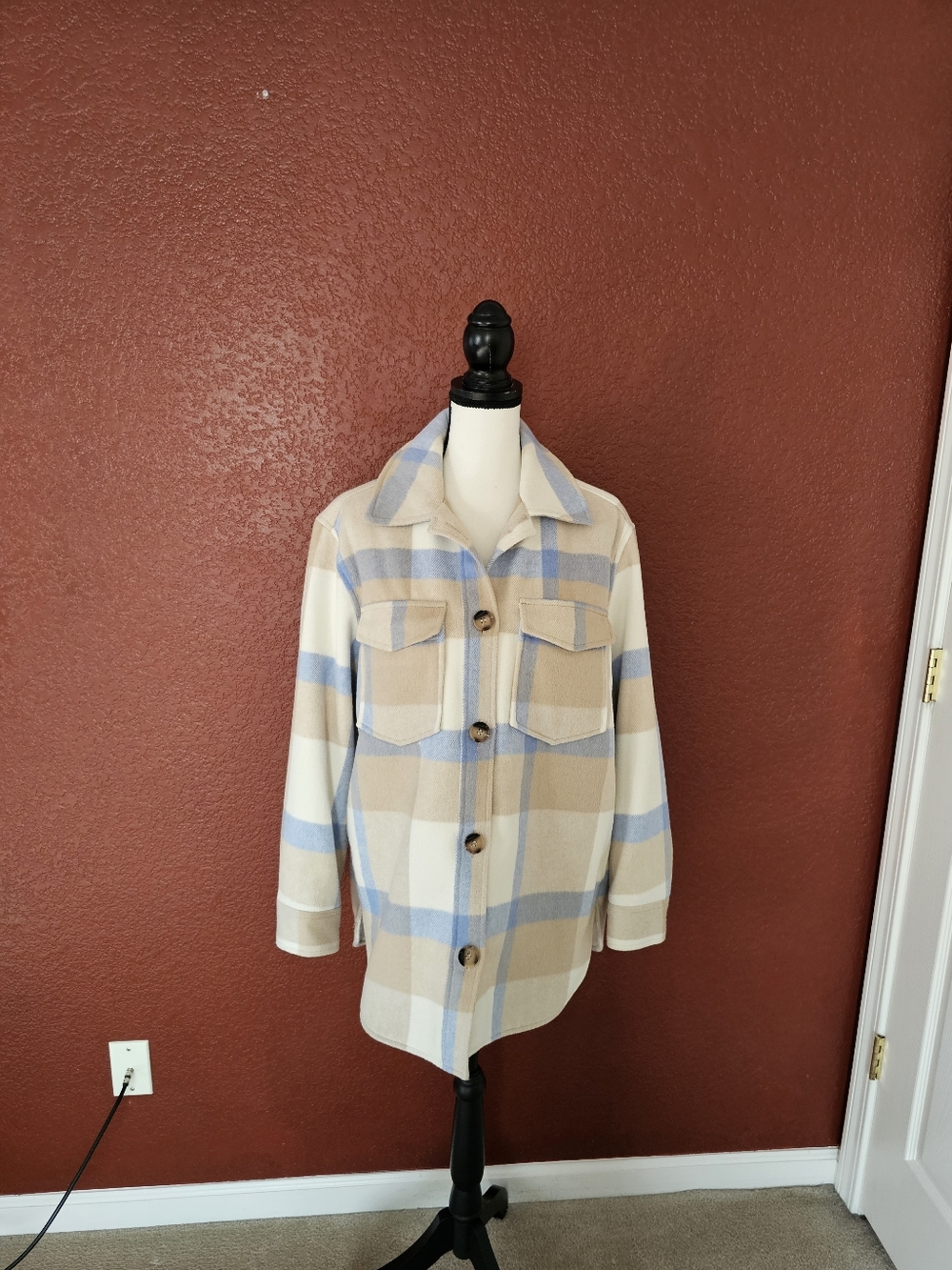H&M Beige and Light Blue Plaid Shacket